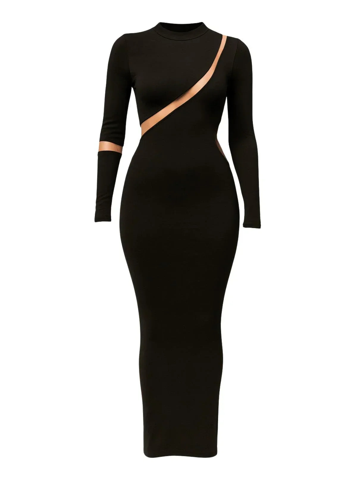 Black dress with see through design on a white background