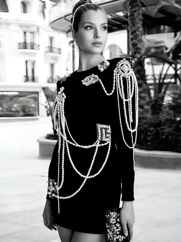 Long Sleeve Luxury Beaded Chain Black Mini Dress For Women