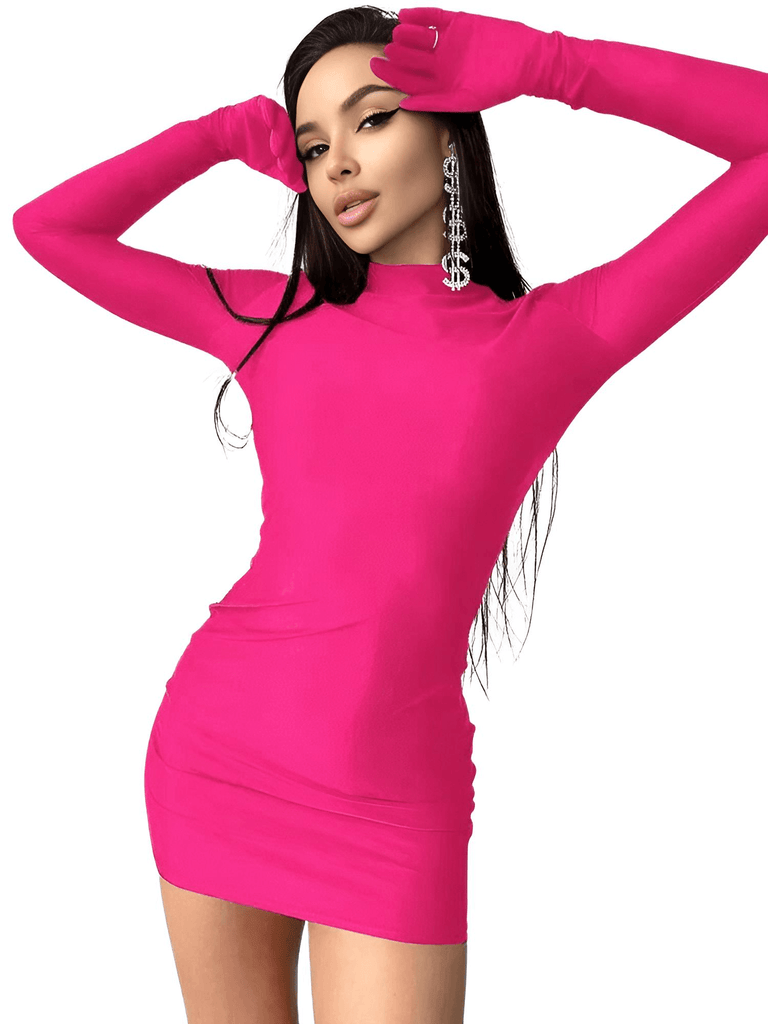 Long Sleeve With Gloves Hot PInk Mini Dress For Women 