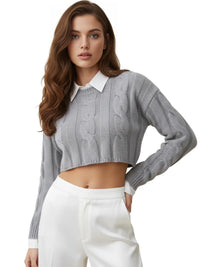 Thumbnail for Long Sleeve Top Women's Fashion Cropped Sweater Preppy Pullover Short Sweater