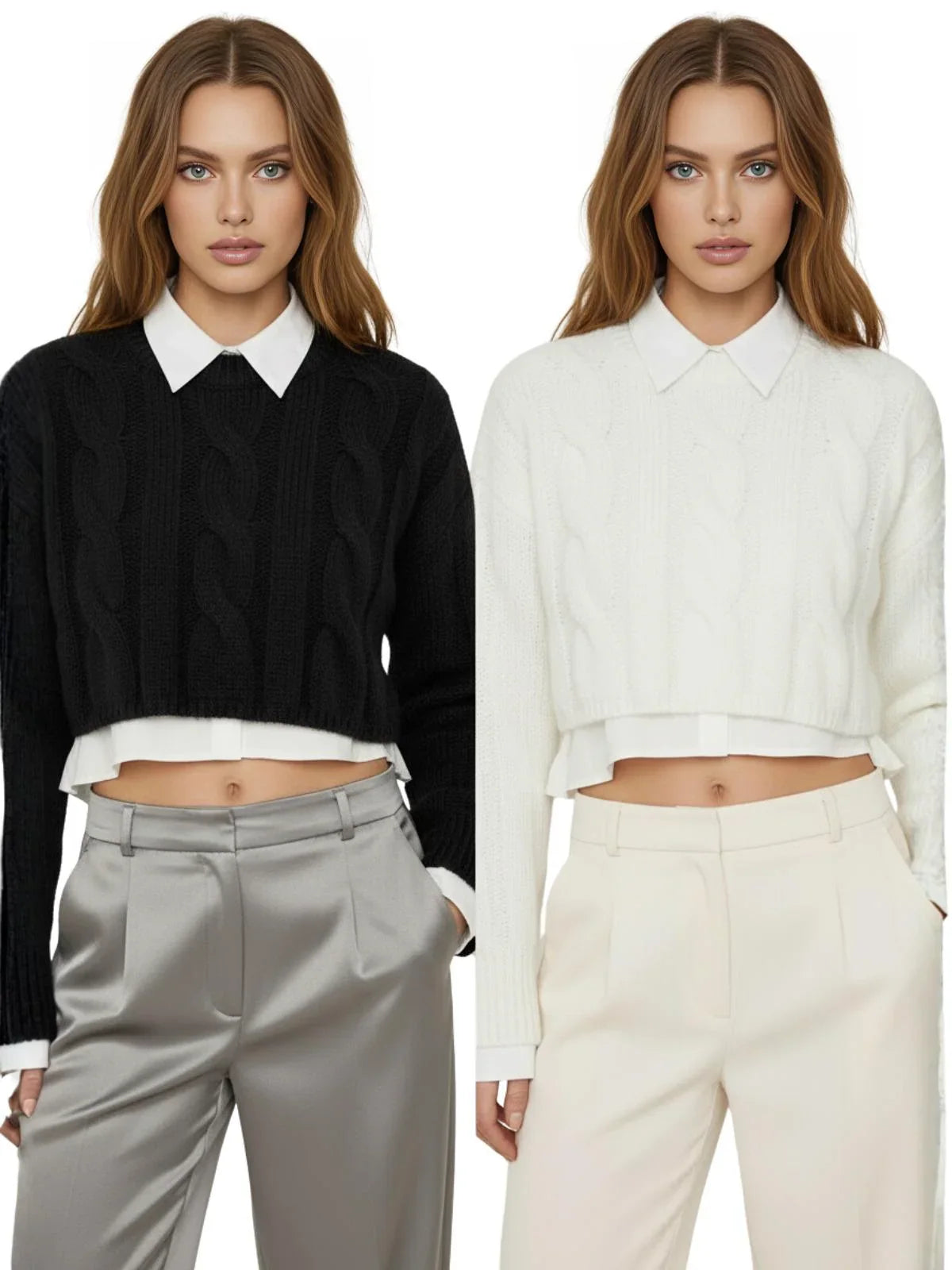 Two outfits worn by a model, one black and white sweater with gray pants, the other white sweater with beige pants.