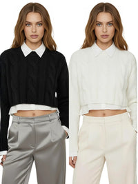 Thumbnail for Two outfits worn by a model, one black and white sweater with gray pants, the other white sweater with beige pants.