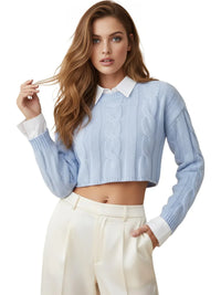 Thumbnail for Woman wearing a light blue crop sweater with a white collar and cream pants on a white background