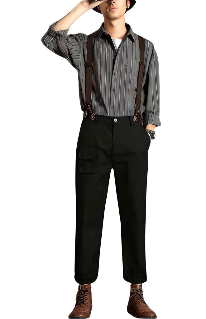 Loose Straight Leg Black Pants For Men With Suspenders