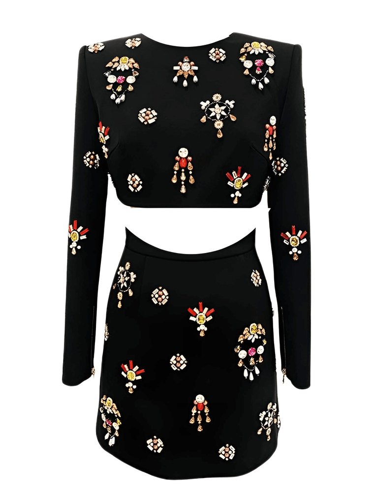 Luxury Colorful Diamond Beaded Long Sleeve Black Short Top + Black Skirt Two-Piece Set
