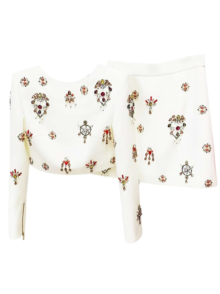 Luxury Colorful Diamond Beaded Long Sleeve White Short Top + White Skirt Two-Piece Set