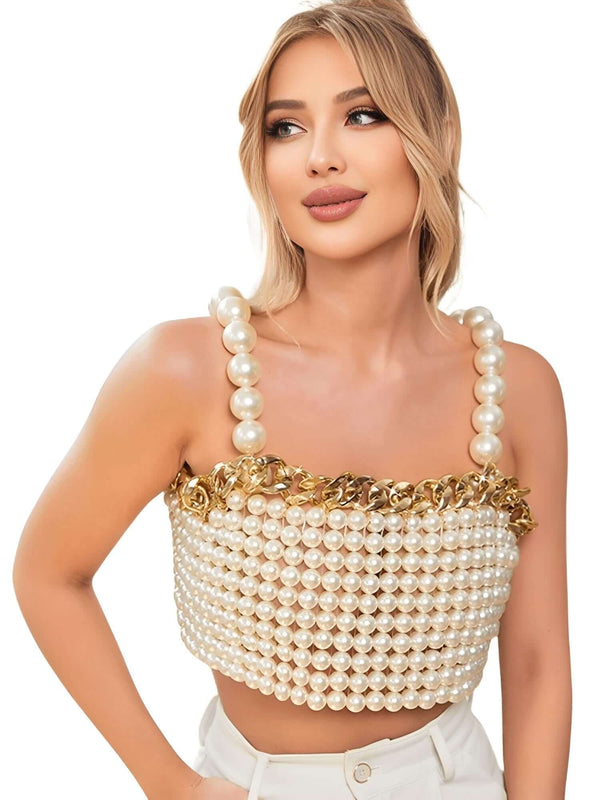 Luxury High Fashion White Pearl Beaded Crop Top with Gold Metal Chain