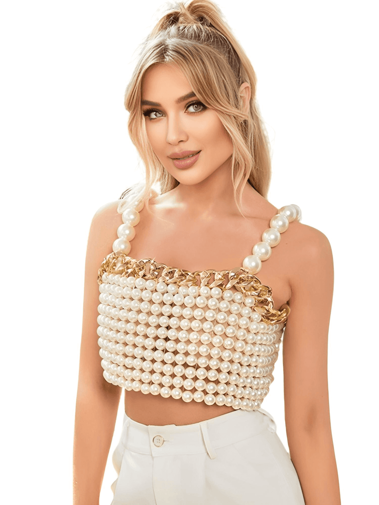 Luxury High Fashion White Pearl Beaded Crop Top with Gold Metal Chain
