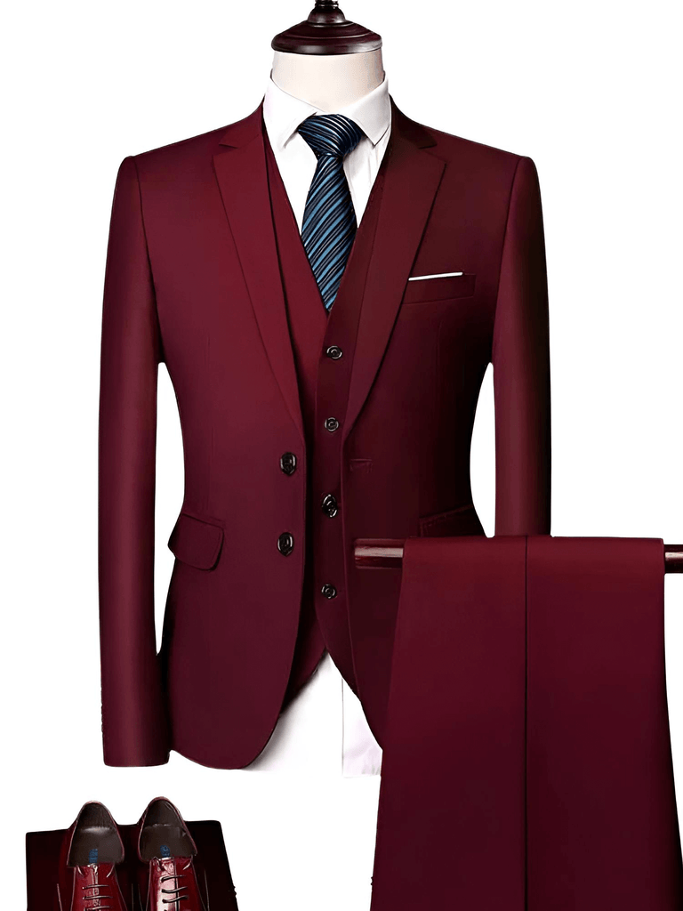 Luxury 3 Piece Single Breasted Dark Red Suits For Men
