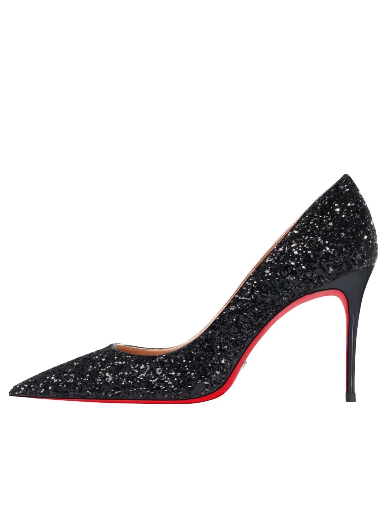 Black glitter high heel shoe with red sole on a white background