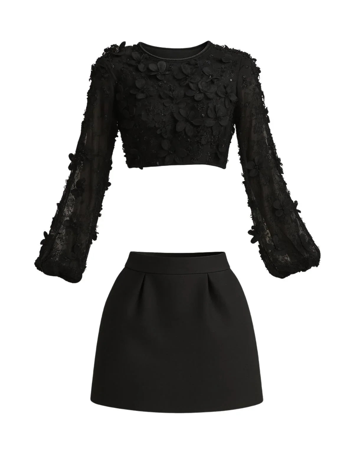 Black floral applique top and black skirt set on a white background