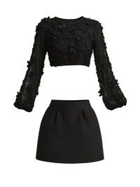 Thumbnail for Black floral applique top and black skirt set on a white background
