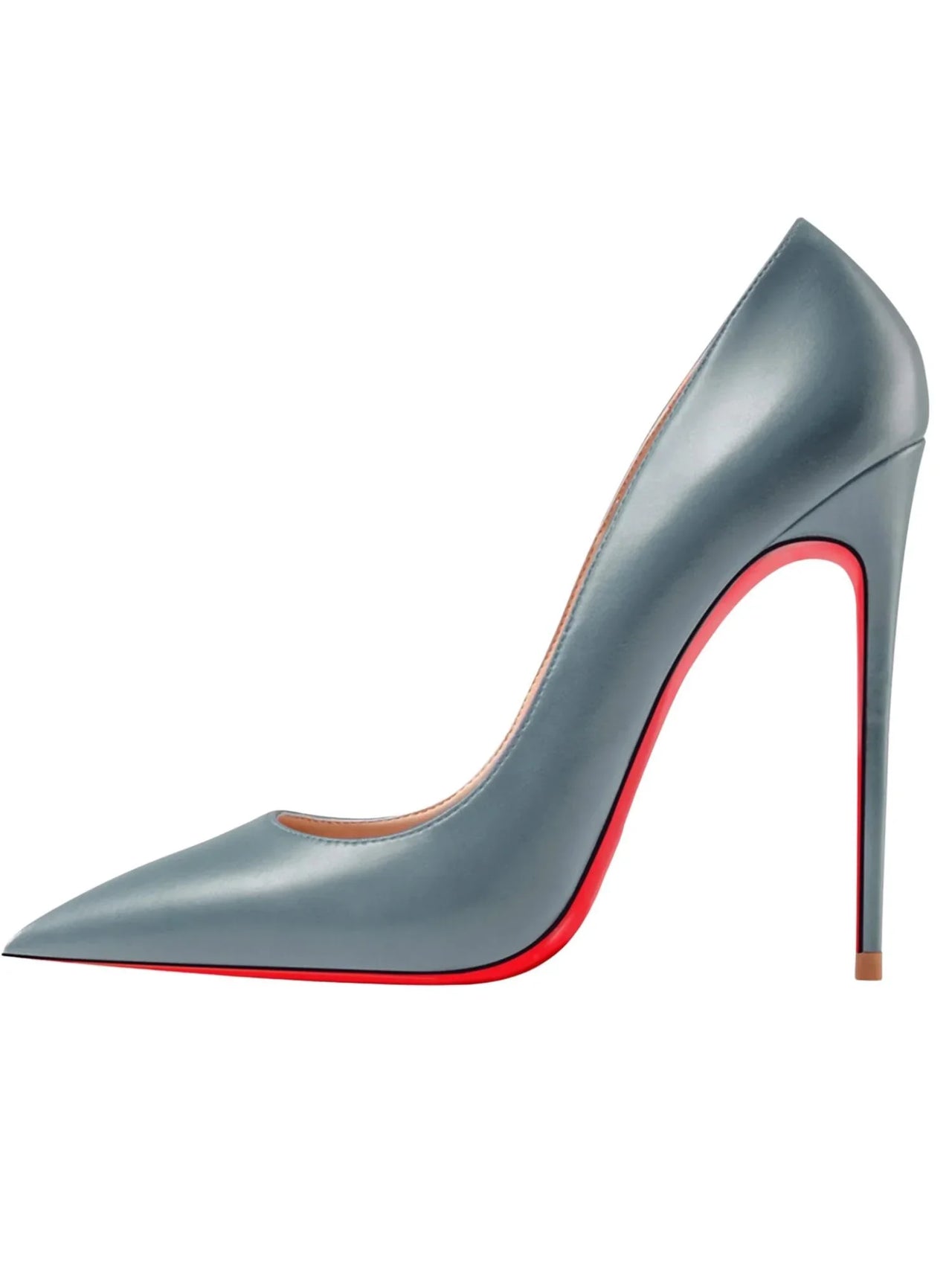 Luxury French Grey high-heeled shoe with red sole on a white background