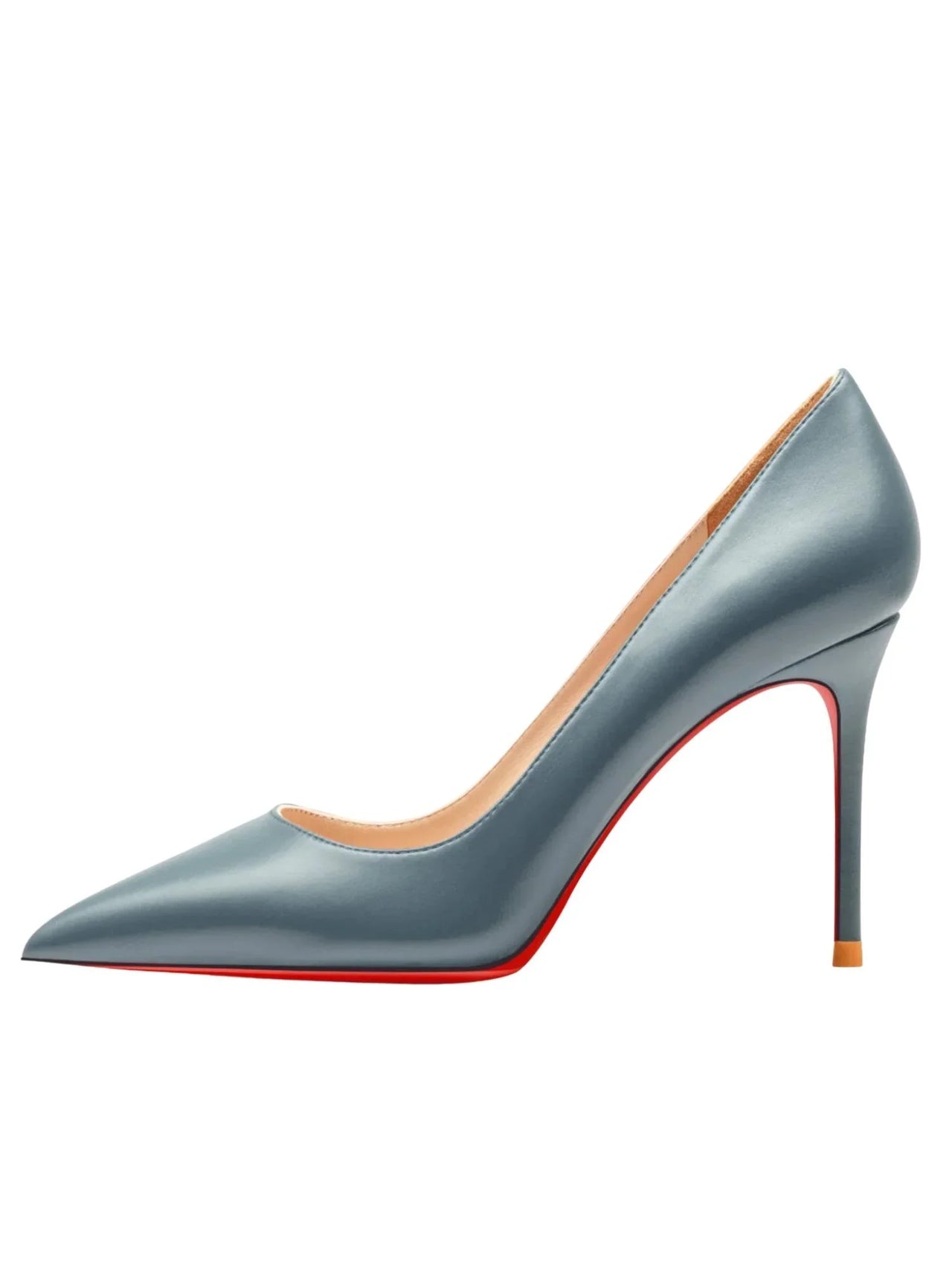 Luxury French Grey high-heeled shoe with a red sole on a white background
