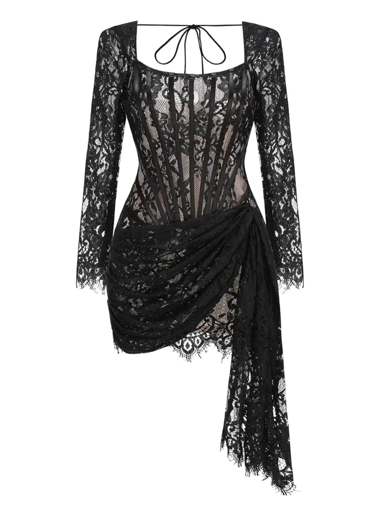 Black lace dress with long sleeves on a white background