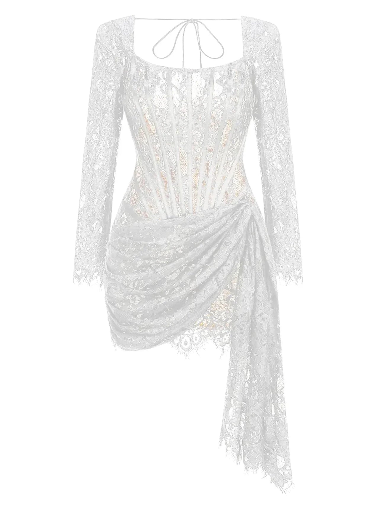 White lace dress with long sleeves on a white background