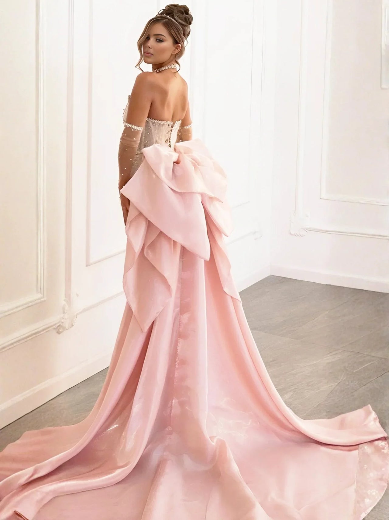 Luxury Mermaid Corset Gown Rhinestones Corset Bowknot Lacing Up Strapless Royal Train Prom Dress Customized, Drestiny, Maxi Dresses, Strapless, Sleeveless, Off Shoulder, Custom Made, Plus Size, 2, 4, 6, 8, 10, 12, 14, 16, 16w, 18w, 20w, 22w, 24w, 26w, custom sizes, Pink, United States, USA, Canada, Australia, New Zealand, United Kingdom, UK, Mermaid wedding dress, corset prom dress, Mermaid gown UK, luxury corset dress, Mermaid evening gown, shopdrestiny.com