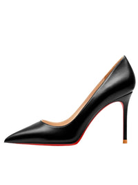 Thumbnail for Luxury black high-heeled shoe with red sole on a white background
