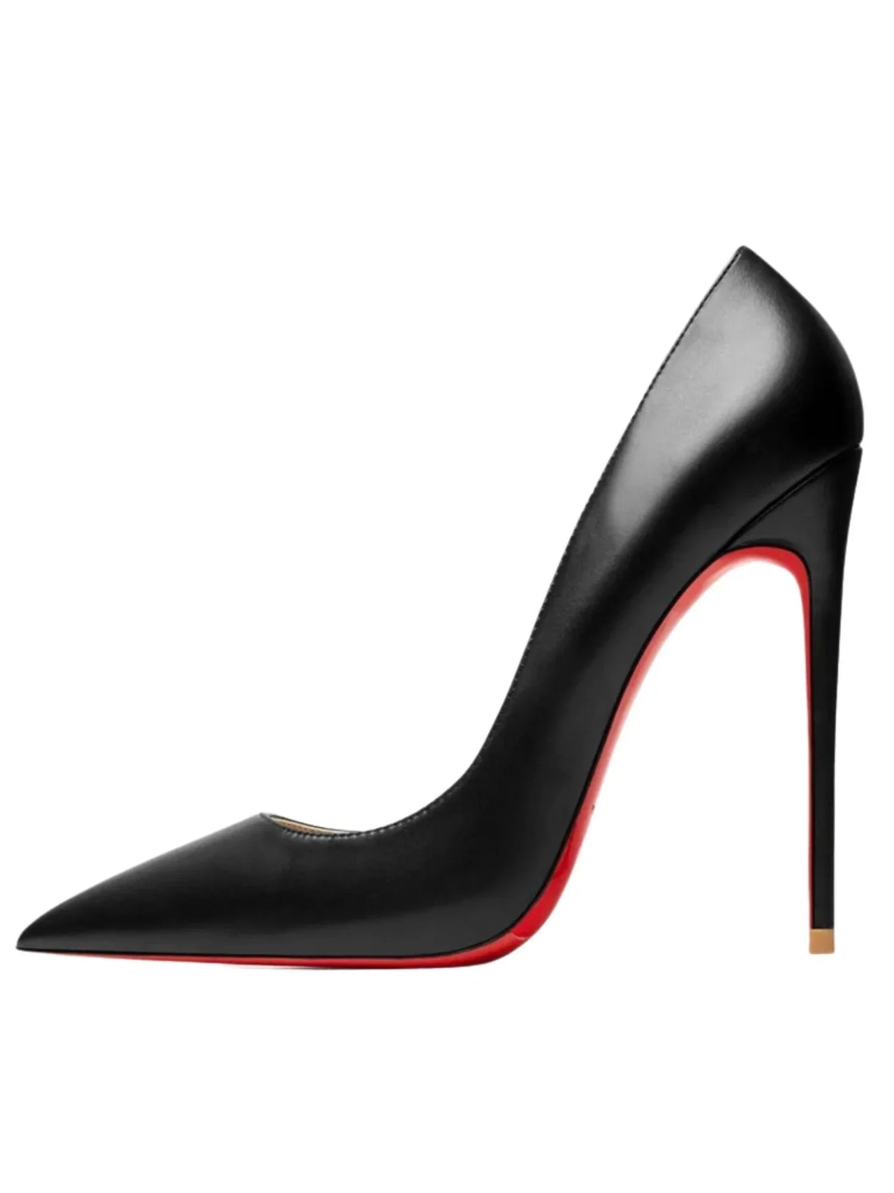Luxury black high-heeled shoe with red bottom on a white background
