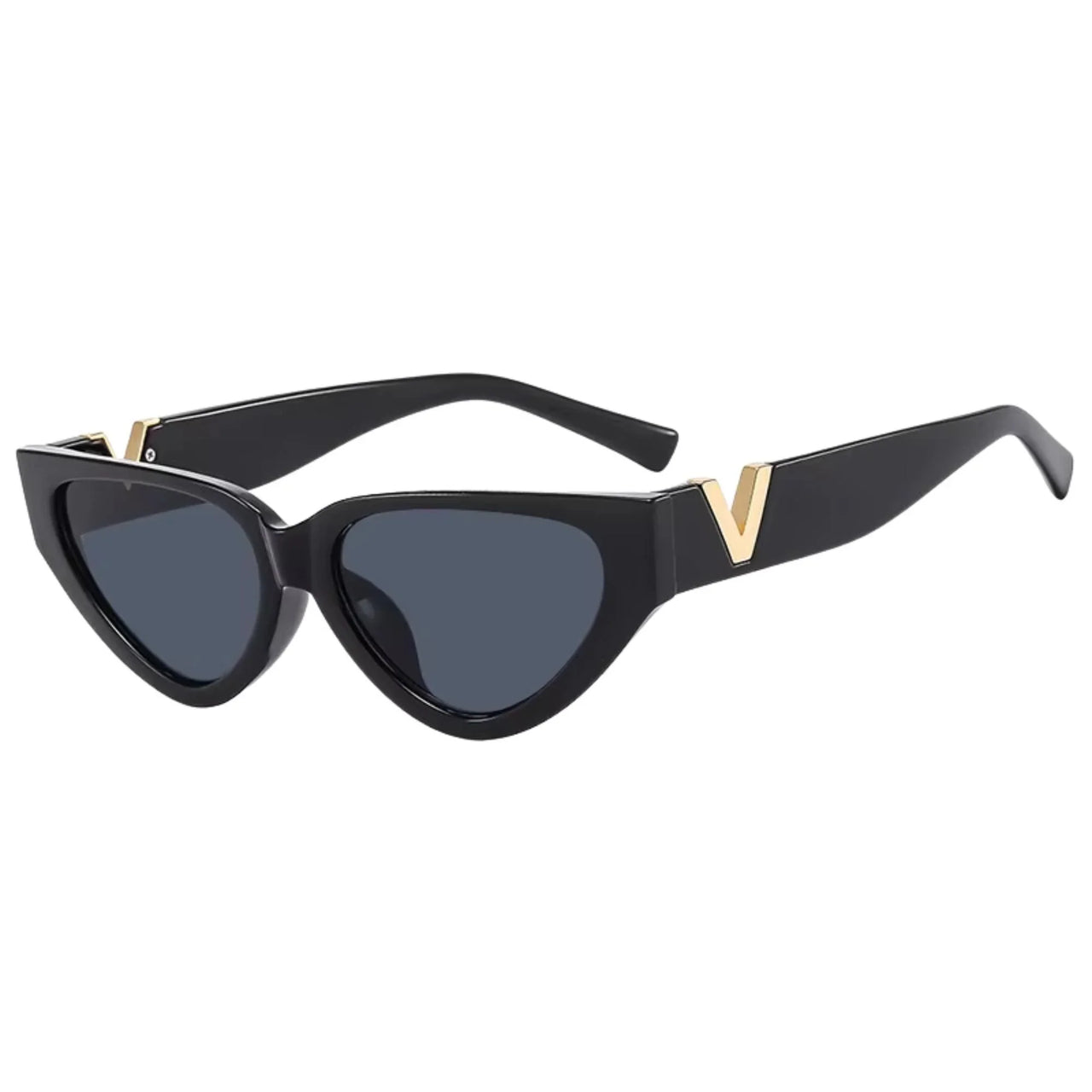 Black cat-eye sunglasses with gold v accents on a white background