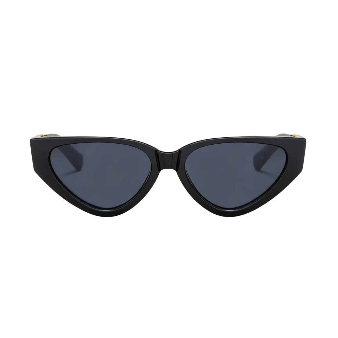 Black cat-eye sunglasses with dark lenses on a white background