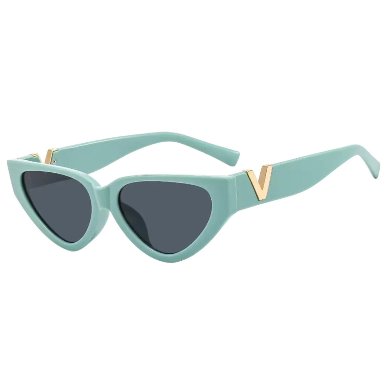 Turquoise cat-eye sunglasses with v gold accents on a white background