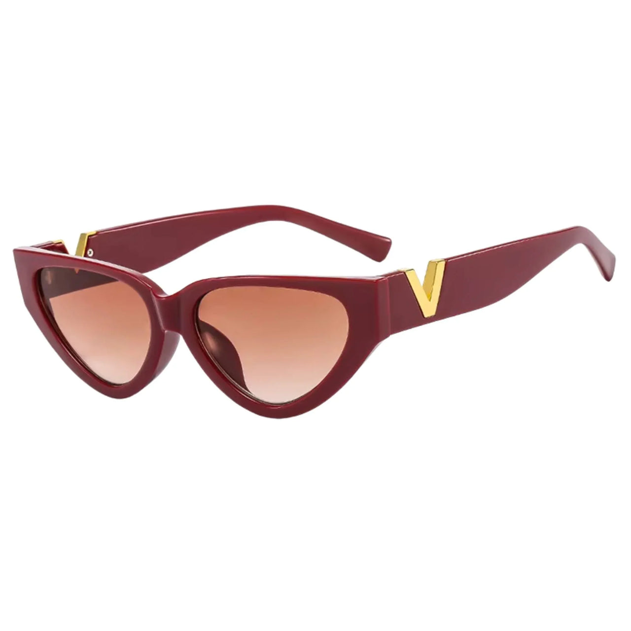 Maroon sunglasses with gold accents on a white background