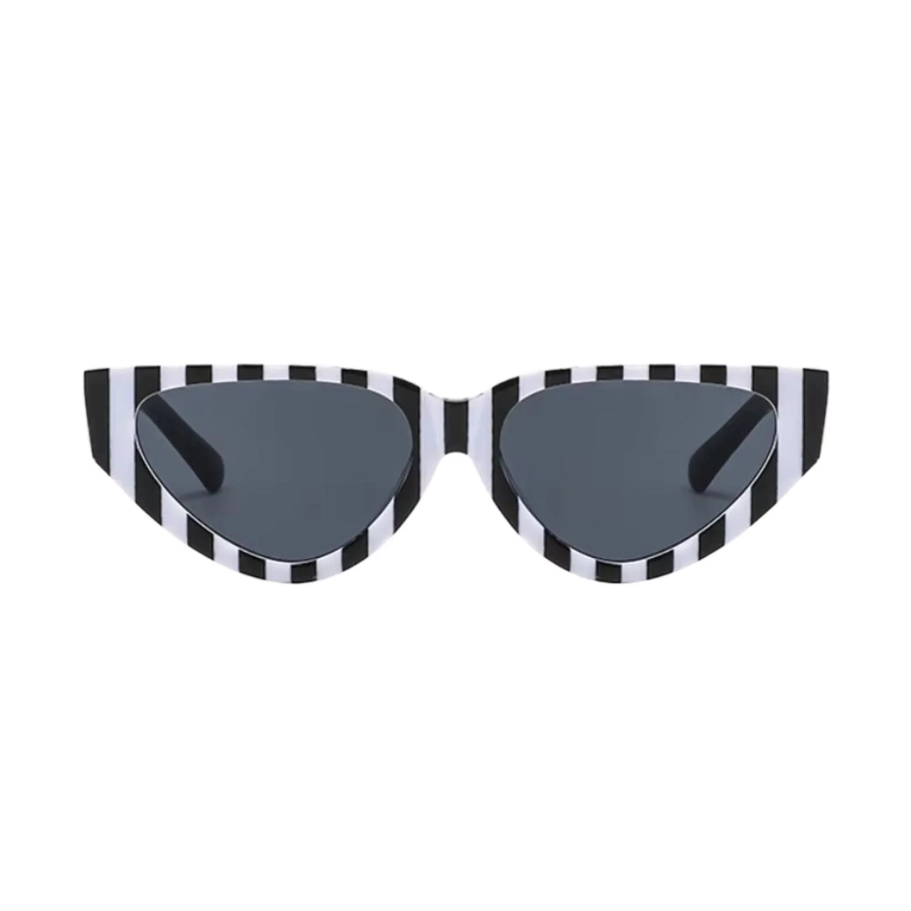 Sunglasses with black and white striped frame on a white background