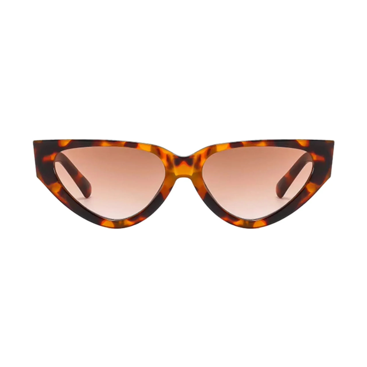 Cat-eye sunglasses with tortoiseshell frame and rose gold lenses on a white background