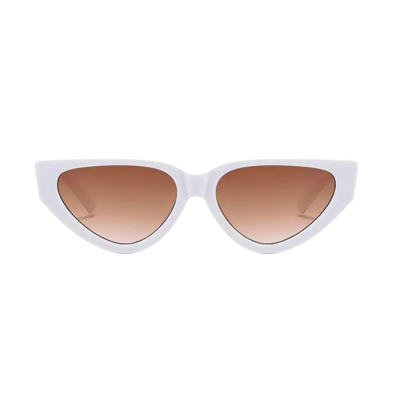White cat-eye sunglasses with brown lenses on a white background