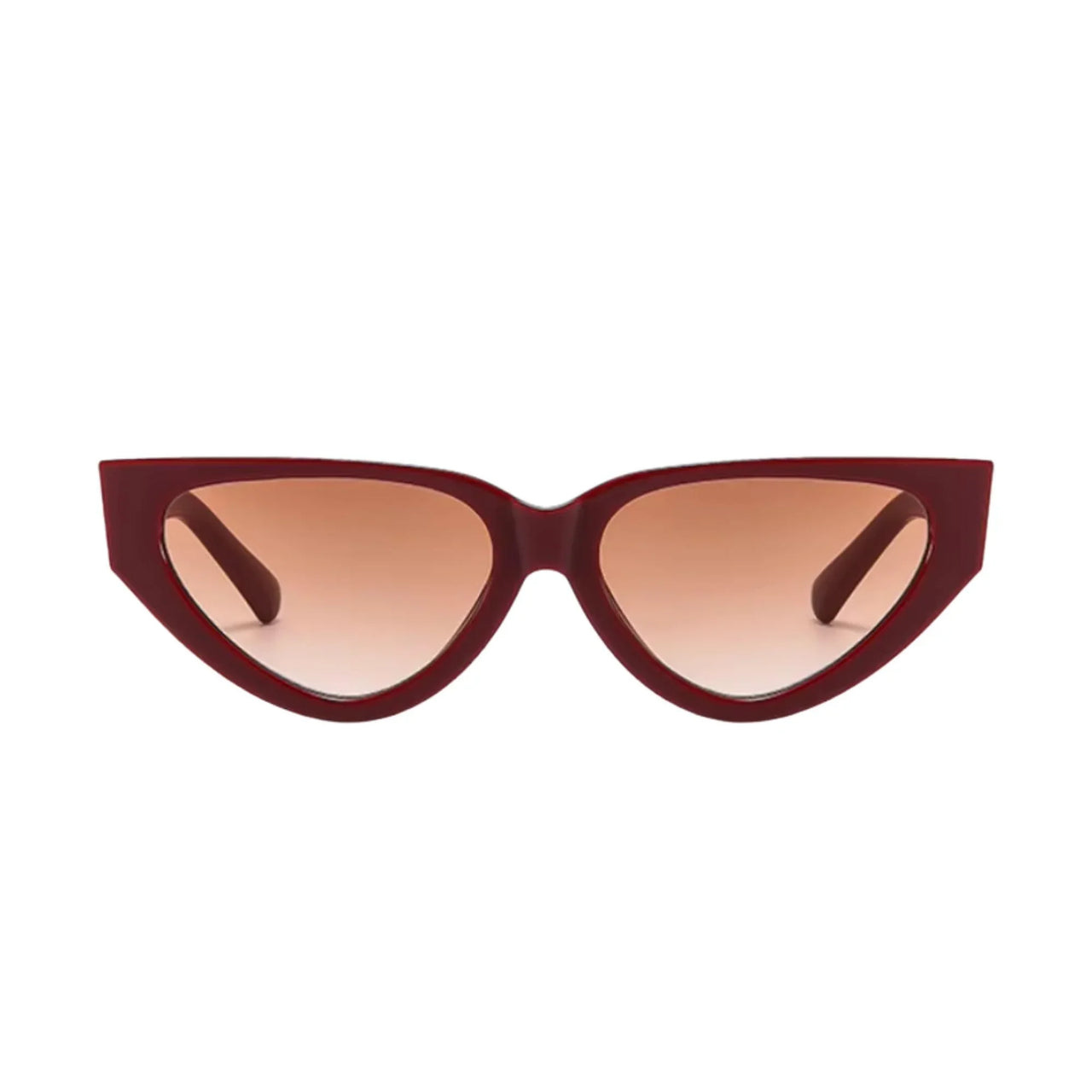 Cat-eye sunglasses with a burgundy frame and gradient lenses on a white background