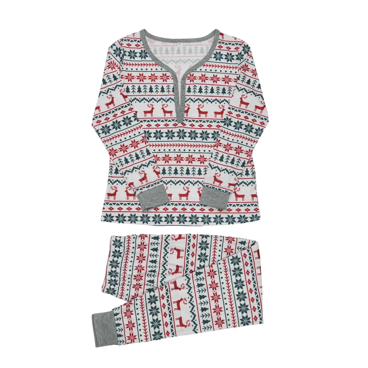 Christmas-themed pajama set for mom with reindeer and tree pattern on a white background