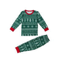 Thumbnail for Kids green Christmas pajama set with red cuffs and trim on a white background