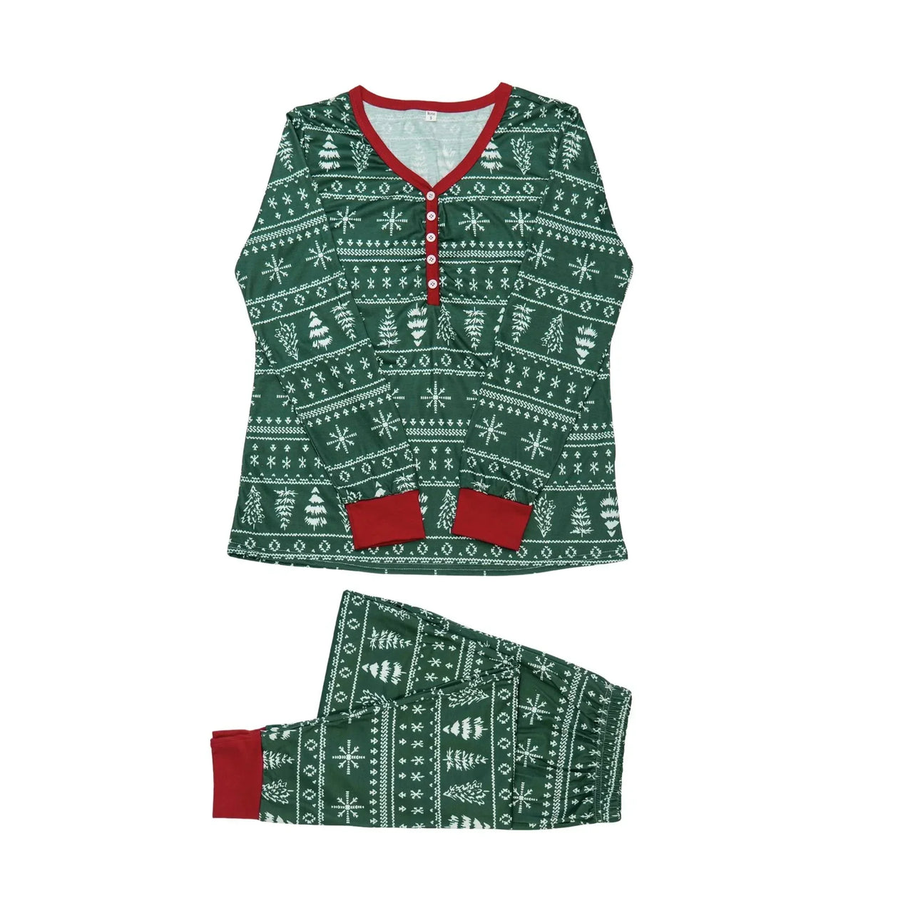 Green and red patterned Christmas pajama set for Mom on a white background