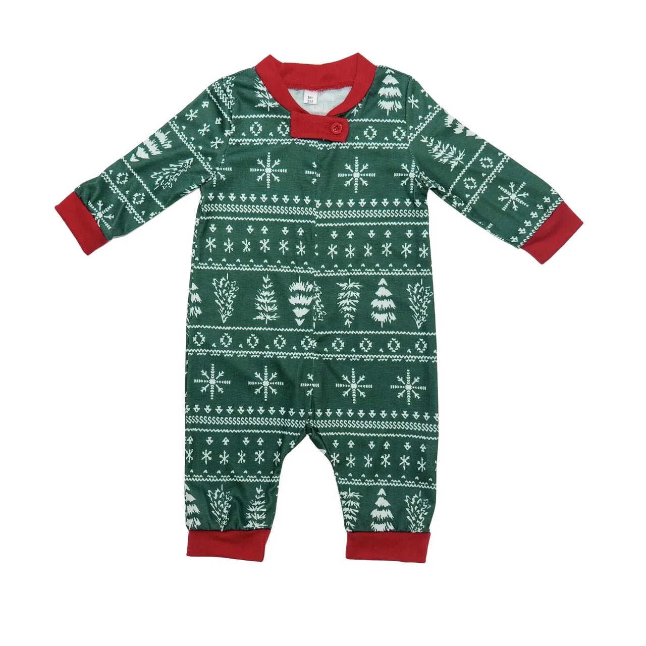Green baby onesie with red cuffs and trim, featuring a Christmas tree and snowflake pattern on a white background.