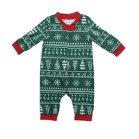 Thumbnail for Green baby onesie with red cuffs and trim, featuring a Christmas tree and snowflake pattern on a white background.