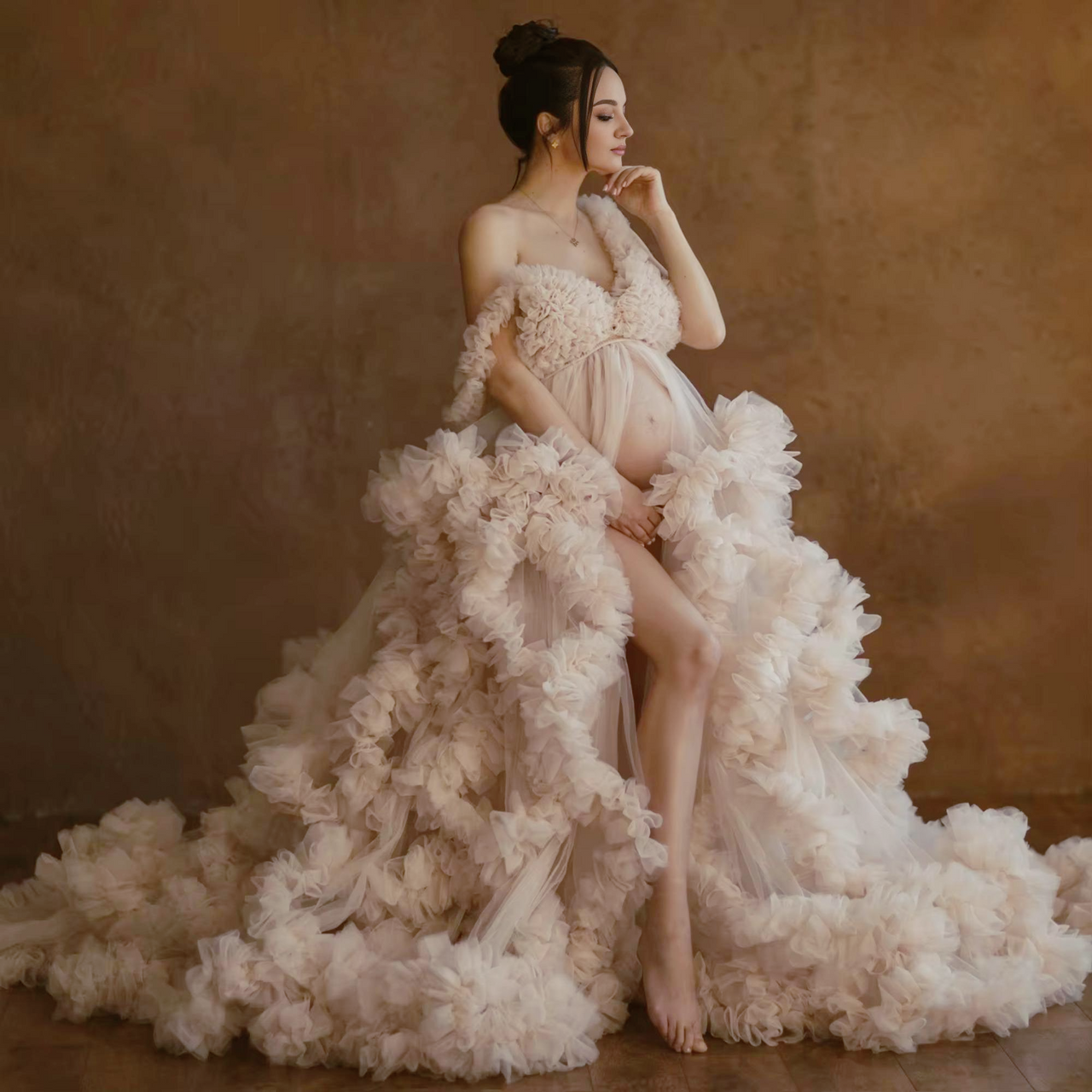 Ruffled Tulle Maternity Robe For Photoshoot Dresses For Pregnancy Custom
