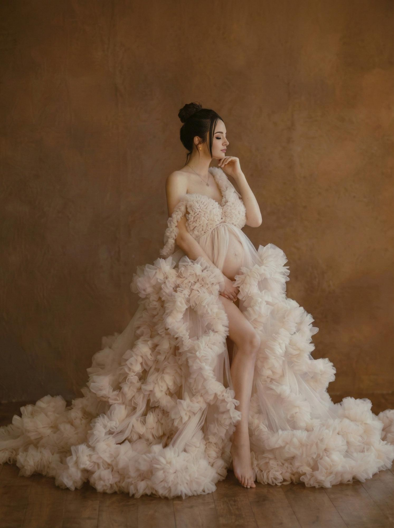 Ruffled Tulle Maternity Robe For Photoshoot Dresses For Pregnancy Custom, Drestiny, Light Pink, XS, S, M, L, XL, XXL, 3XL, Maxi Dresses, Sleeveless, Off Shoulder, United States, USA, Canada, Australia, New Zealand, United Kingdom, UK, Tulle maternity robe for photoshoot, ruffled maternity dressing gown, Boho maternity boudoir robe, Tiered tulle pregnancy gown, shopdrestiny.com