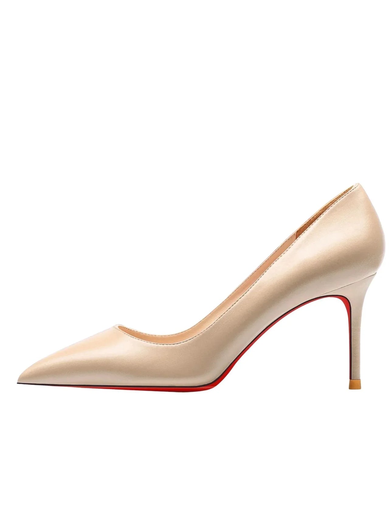 Luxury nude high-heeled shoe with a red sole on a white background