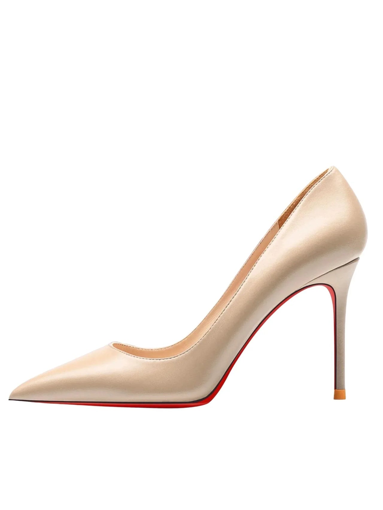 Luxury nude high-heeled shoe with red sole on a white background