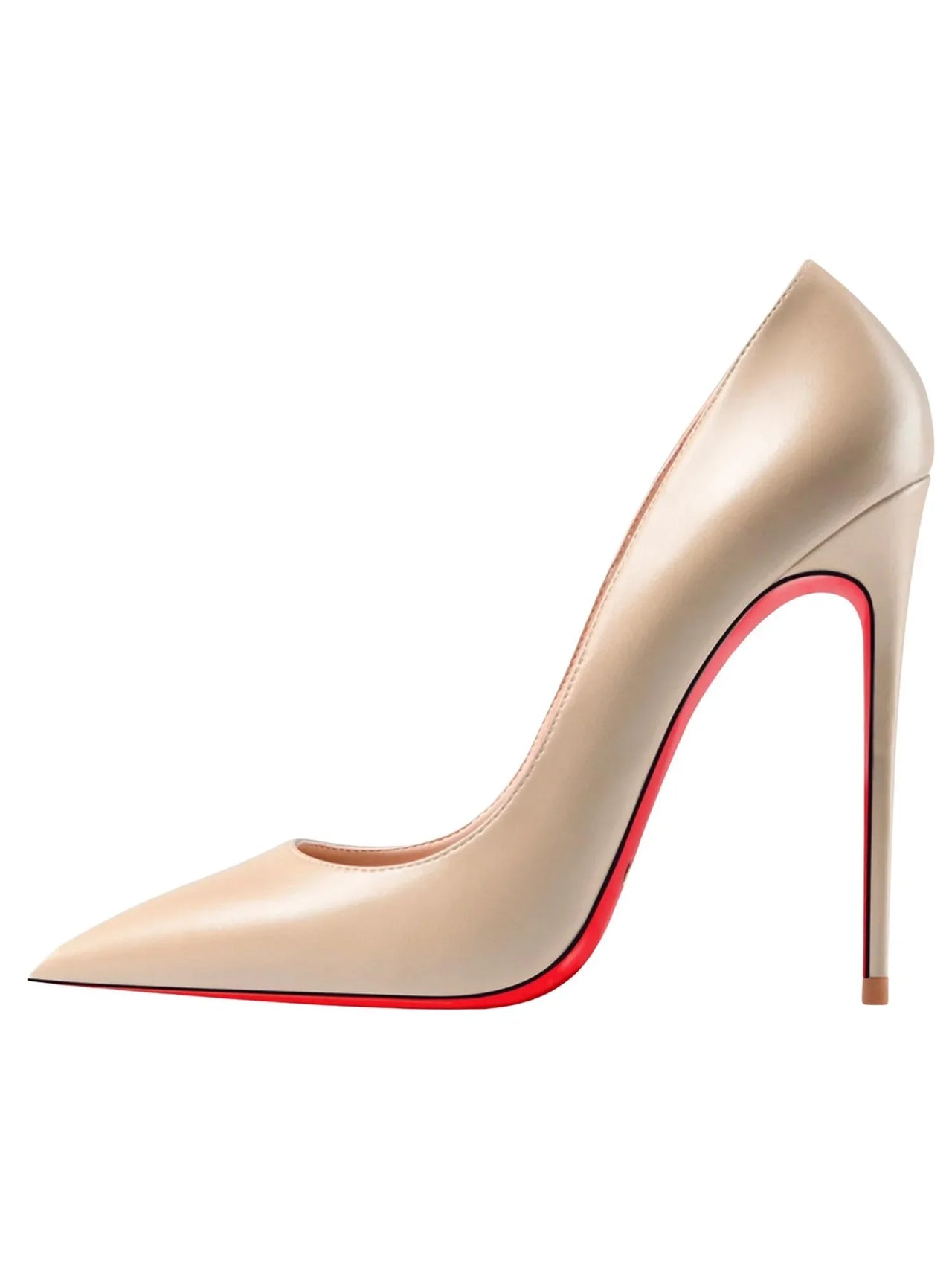 Luxury nude high-heeled shoe with red sole on a white background