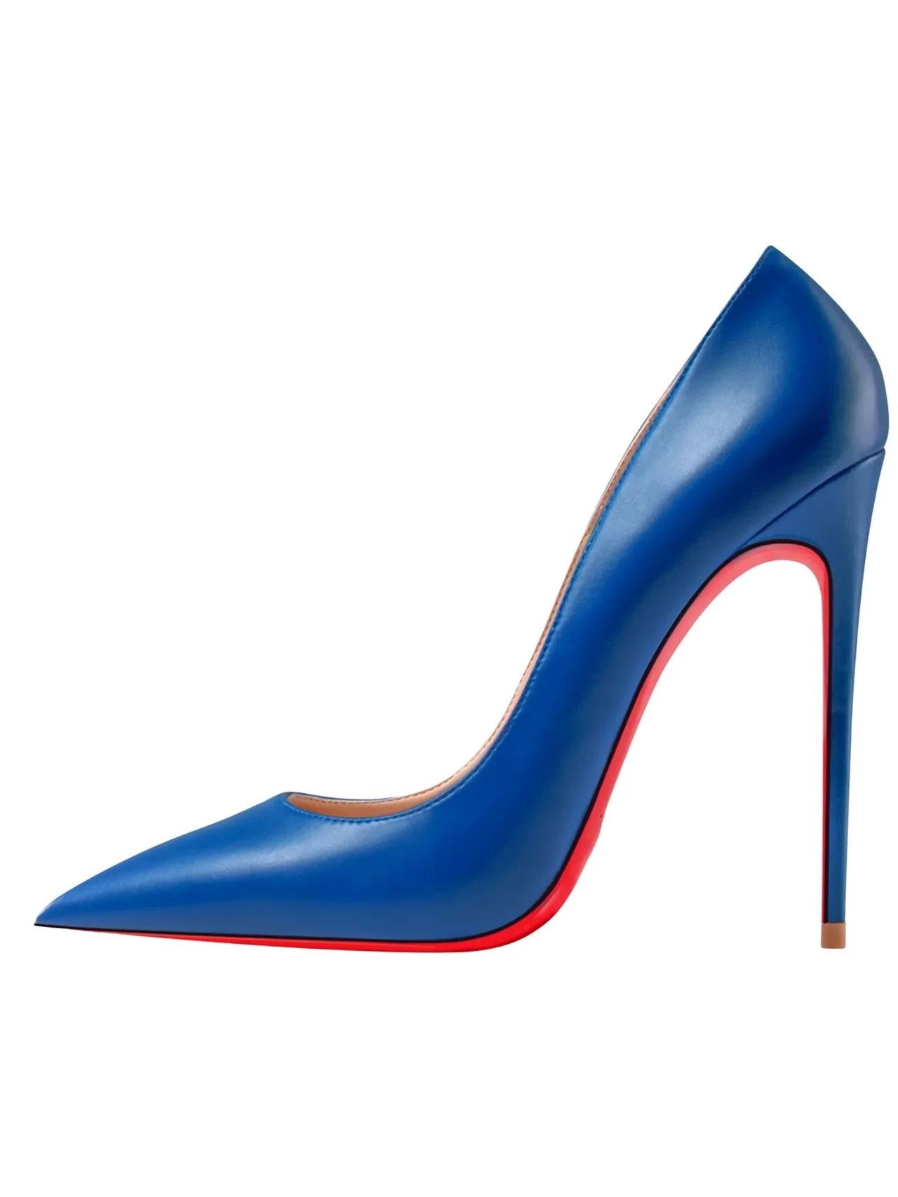 Luxury royal blue high-heeled shoe with red sole on a white background
