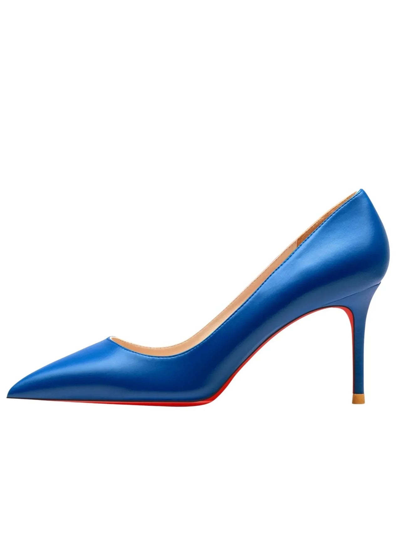 Luxury royal blue high-heeled shoe with a red sole on a white background