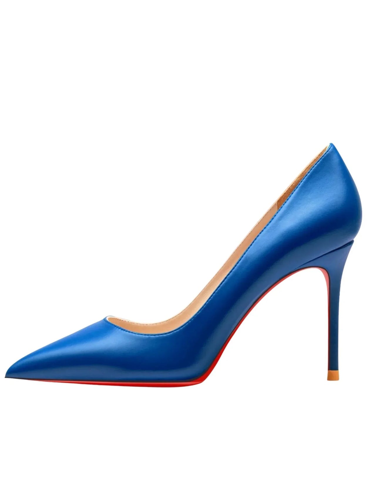 Luxury royal blue high-heeled shoe with a red sole on a white background