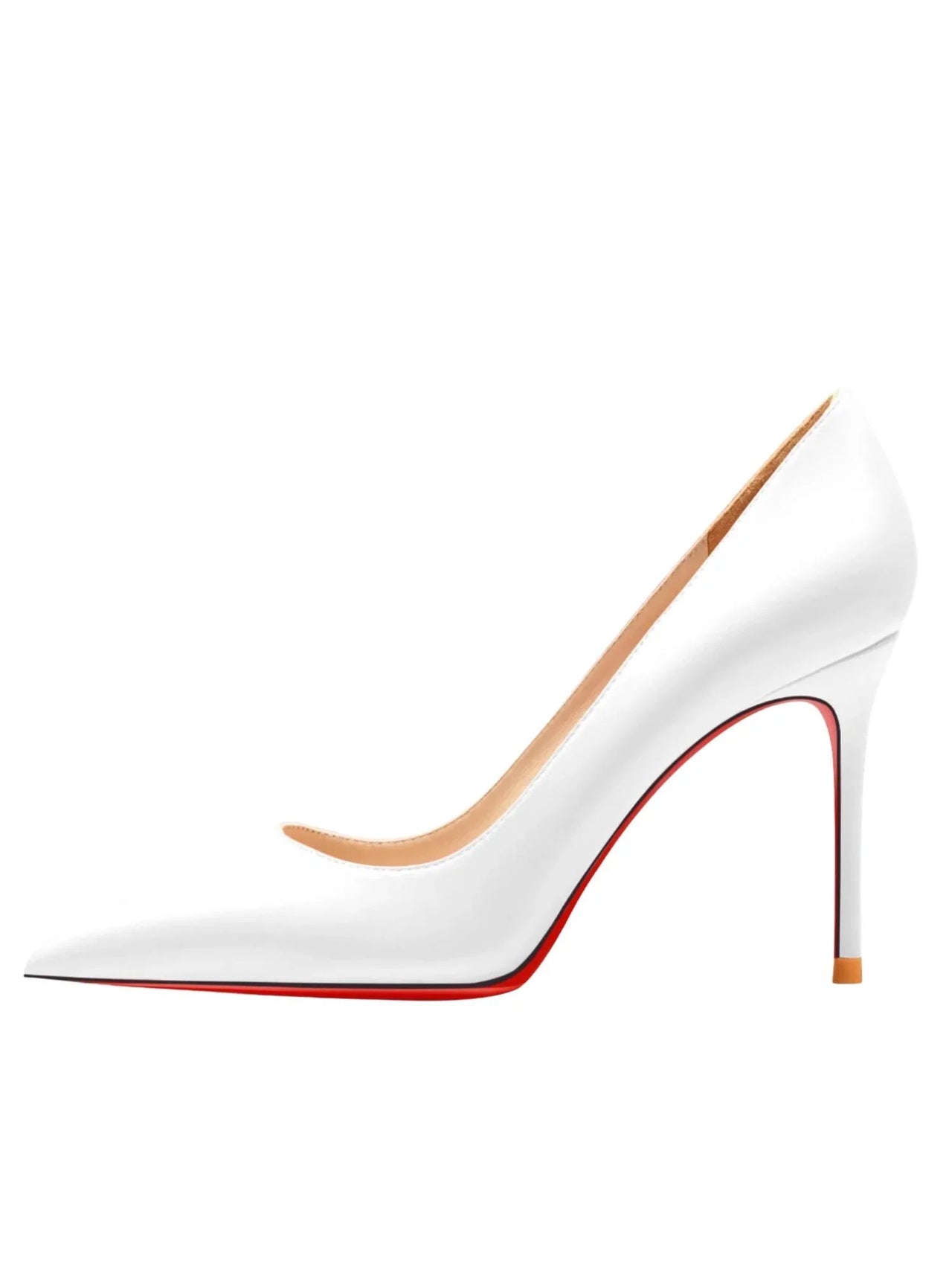 Luxury white high-heeled shoe with red sole on a white background