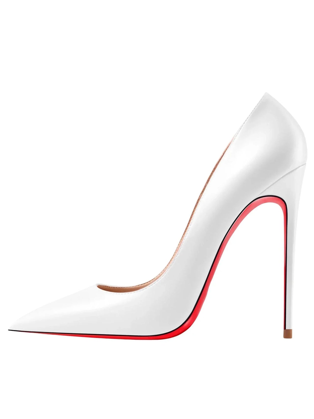 Luxury white high-heeled shoe with red sole on a white background