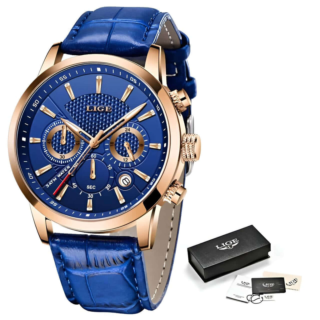 Men's Blue Leather Chronograph Waterproof Gold Watch