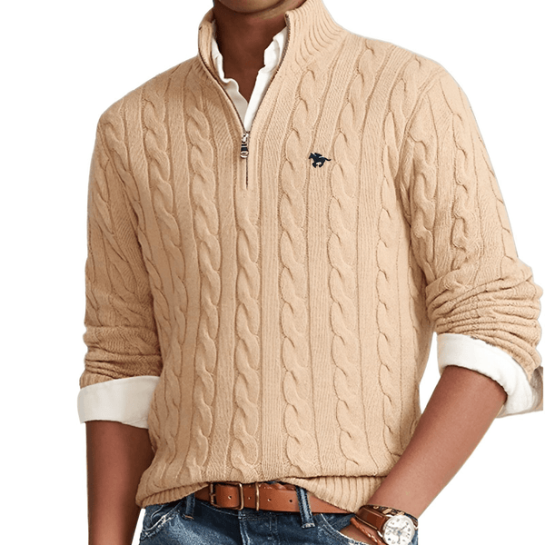 Looking for a warm and fashionable addition to your closet? Check out the Men's Cable Knit Half Zip Sweater. Shop at Drestiny today to enjoy free shipping and let us take care of the tax. Save up to 50% off!