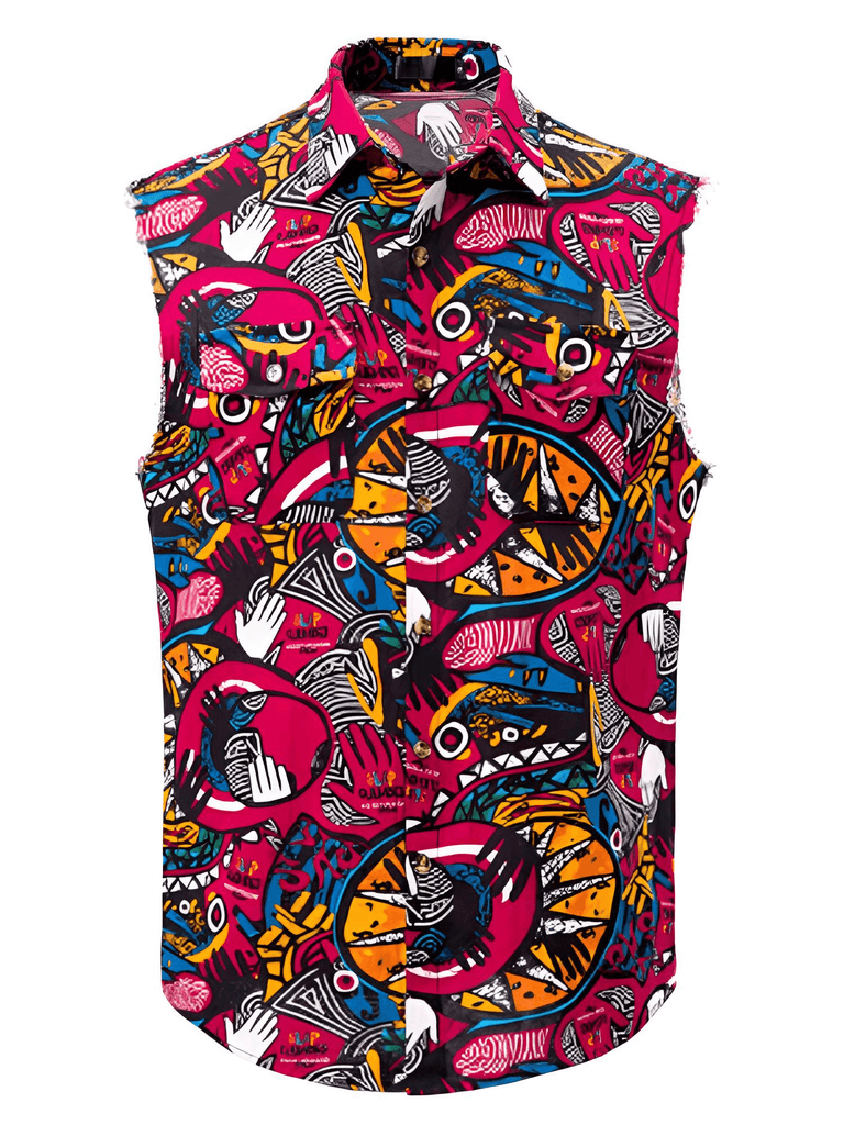 Men's Casual Sleeveless Collar Abstract Shirts with Double Pockets