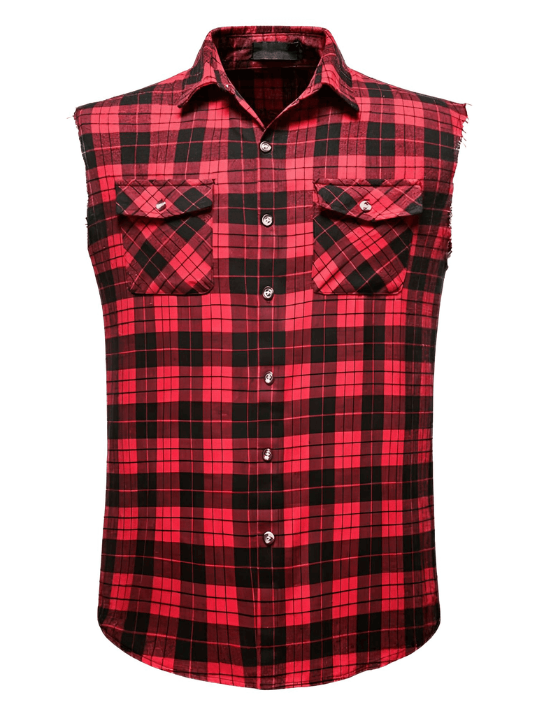 Men's Casual Sleeveless Collar Red Shirts with Double Pockets
